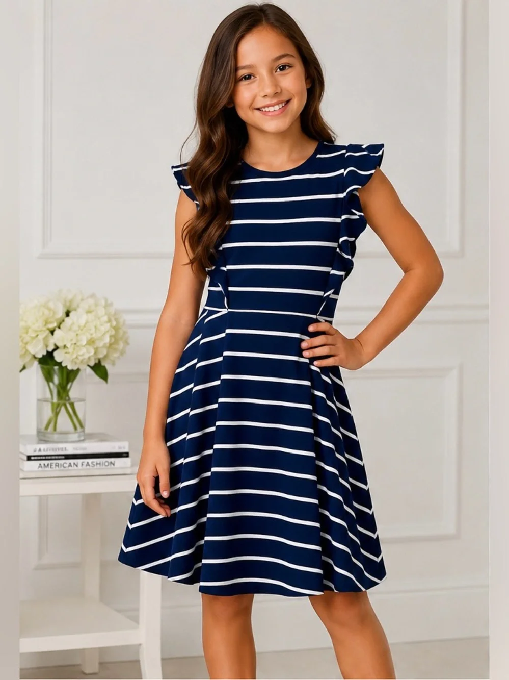 Polo Ralph Lauren Girls XL 16 Navy and white Stripe Ruffle Fit Flare Dress